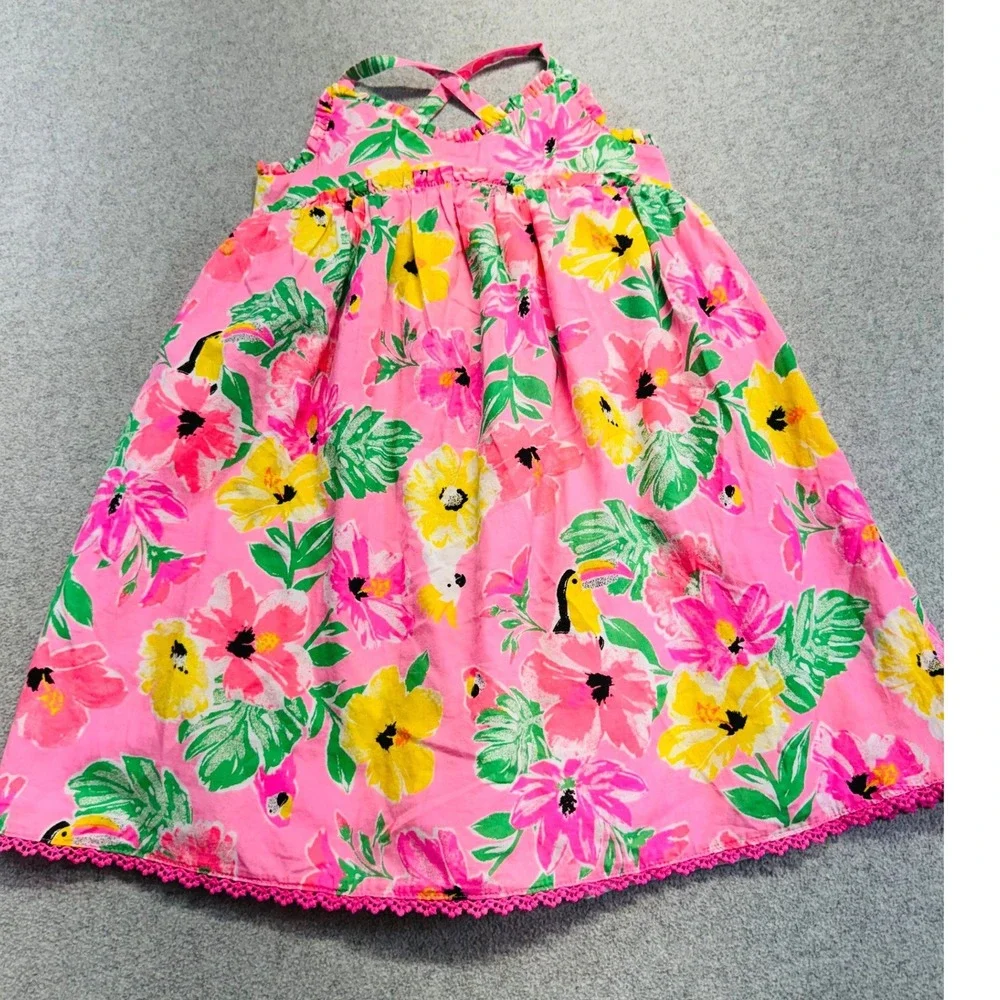Tommy Bahama Tropical Floral‎ Sundress Size 4 Pink Toucan Parrot Crochet Trim